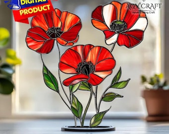 Set med 3 vallmomotiv i målat glas, blomvallmomotiv i målat glas, röd vallmo solfångare, heminredning i glas, gör-det-själv-målat glas, väggkonst present
