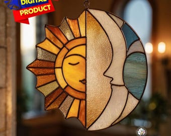 Motif de vitrail soleil et lune, attrape-soleil soleil et lune, motif de vitrail yinyang, décoration d'intérieur, vitrail bricolage, cadeau d'art mural