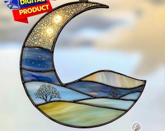 Landscape Crescent Moon Stained Glass Pattern, Crescent Moon Suncatcher, Landscape Stained Glass, Stained Glass PDF, Crafting