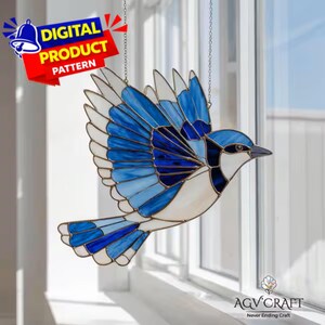 Glas-in-loodpatroon Flying Blue Jay Suncatcher (digitale download)