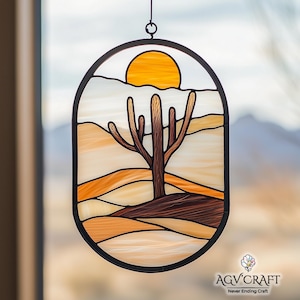 Minimalist Desert Stained Glass Pattern, Boho Desert Suncatcher, Desert Stained Glass, Home Decor Glass, Handmade Stained Glass, Wall Art