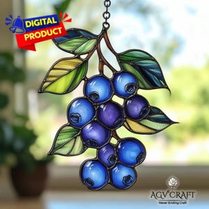 Blueberry Stained Glass Pattern, Blueberry Suncatcher, Fruits Stained Glass Pattern, Home Decor Glass, DIY Stained Glass, Wall Art Gift