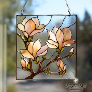 Magnolienzweig Glasmalerei-Muster, Magnolienblume Suncatcher, Magnolien-Buntglas, Hauptdekor, DIY-Buntglas, Wand-Kunst-Geschenk