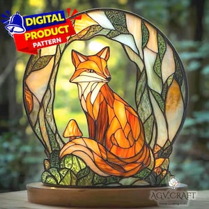 Gebrandschilderd glaspatroon vos en bos, Suncatcher (pdf-patroon)