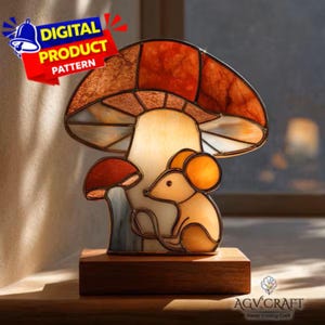 キノコとネズミのステンドグラス模様、キノコのサンキャッチャー、キノコのステンドグラス模様、ホームデコレーションガラス、DIYステンドグラス、ウォールアート