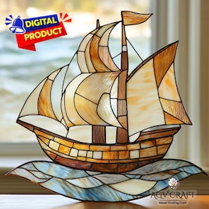 Sailing Ship Stained Glass Pattern, Ship Suncatcher, Sail Boat Stained Glass Pattern, Home Decor Glass, DIY Stained Glass, Wall Art Gift