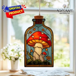 Patrón de vitral de hongo en botella, atrapasol caprichoso (patrón PDF), vitral caprichoso, decoración del hogar, arte mural