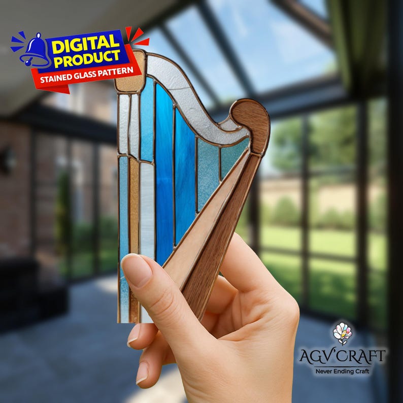 Hand Harp Pattern Harp Stained Glass Pattern, Musical Suncatcher Template, Home Decor ...