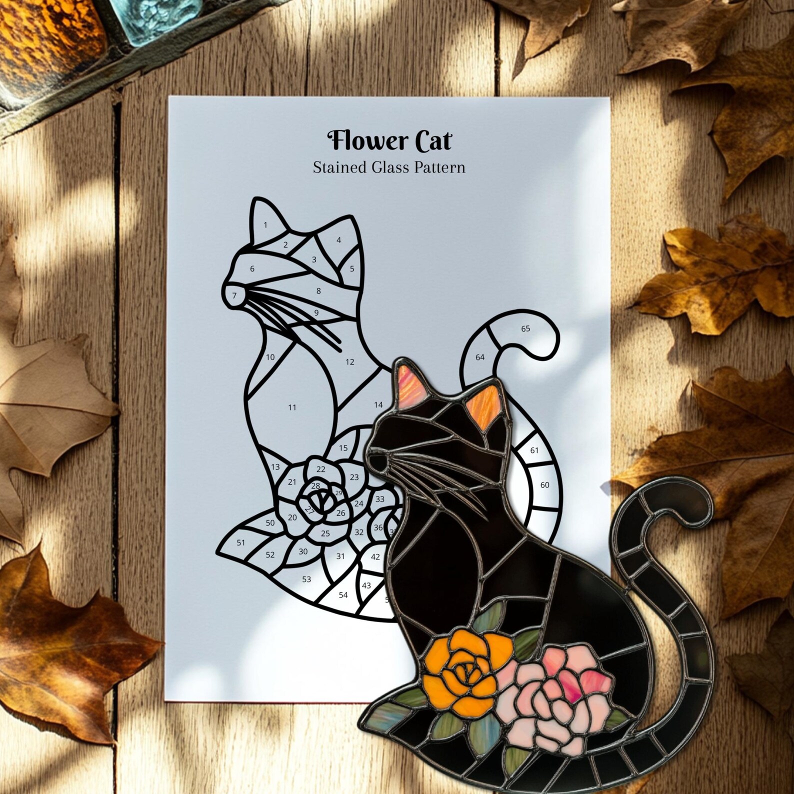 Black Cat Flower Stained Glass Pattern, Black Cat Suncatcher Template ...