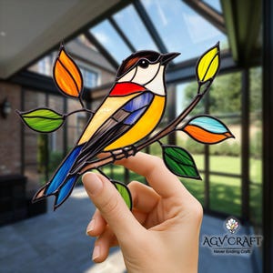 Bird Stained Glass Pattern, Bird On Branch Stained Glass Pattern, Bird Suncatcher, Home Decor Glass, DIY Stained Glass, Wall Art Gift