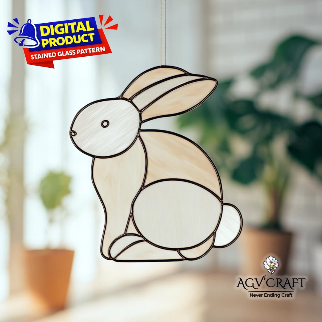 Simple Stained Glass Rabbit Rabbit Sitting Stained Glass Pattern, Rabbit Suncatcher Template, Home ...