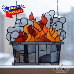 Motif de vitrail feu Dumster, attrape-soleil feu Dumster, vitrail poubelle, décoration en verre, vitrail bricolage, cadeau d'art mural