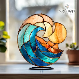 Ocean Wave and Sun Stained Glass Pattern, Wave Suncatcher, Sea Wave Stained Glass Pattern, Home Decor Glass, DIY Stained Glass,Wall Art Gift