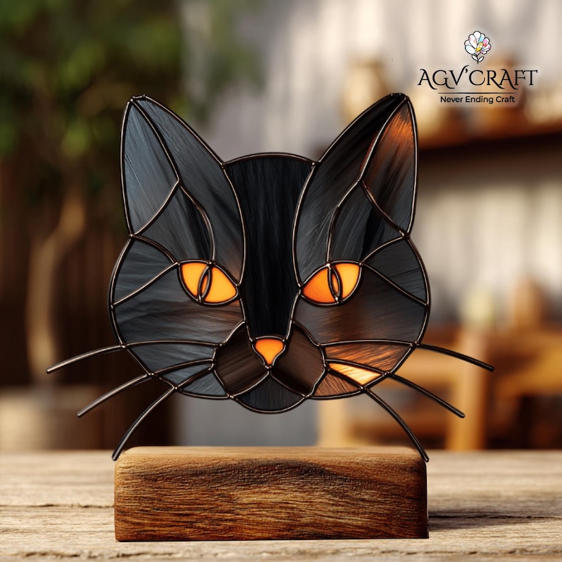 Black Cat Face Stained Glass Pattern, Halloween Suncatcher (PDF Pattern ...