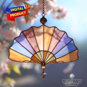 Oriental Fan Stained Glass Pattern, Fan Suncatcher, Asian Style Fan Stained Glass Pattern, Home Decor Glass, DIY Stained Glass,Wall Art Gift