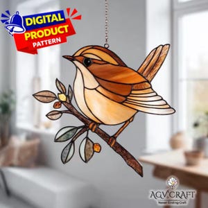 Winterkoninkje glas-in-loodpatroon, Carolina-winterkoninkje Suncatcher-sjabloon, gebrandschilderd glas vogel, woondecoratie