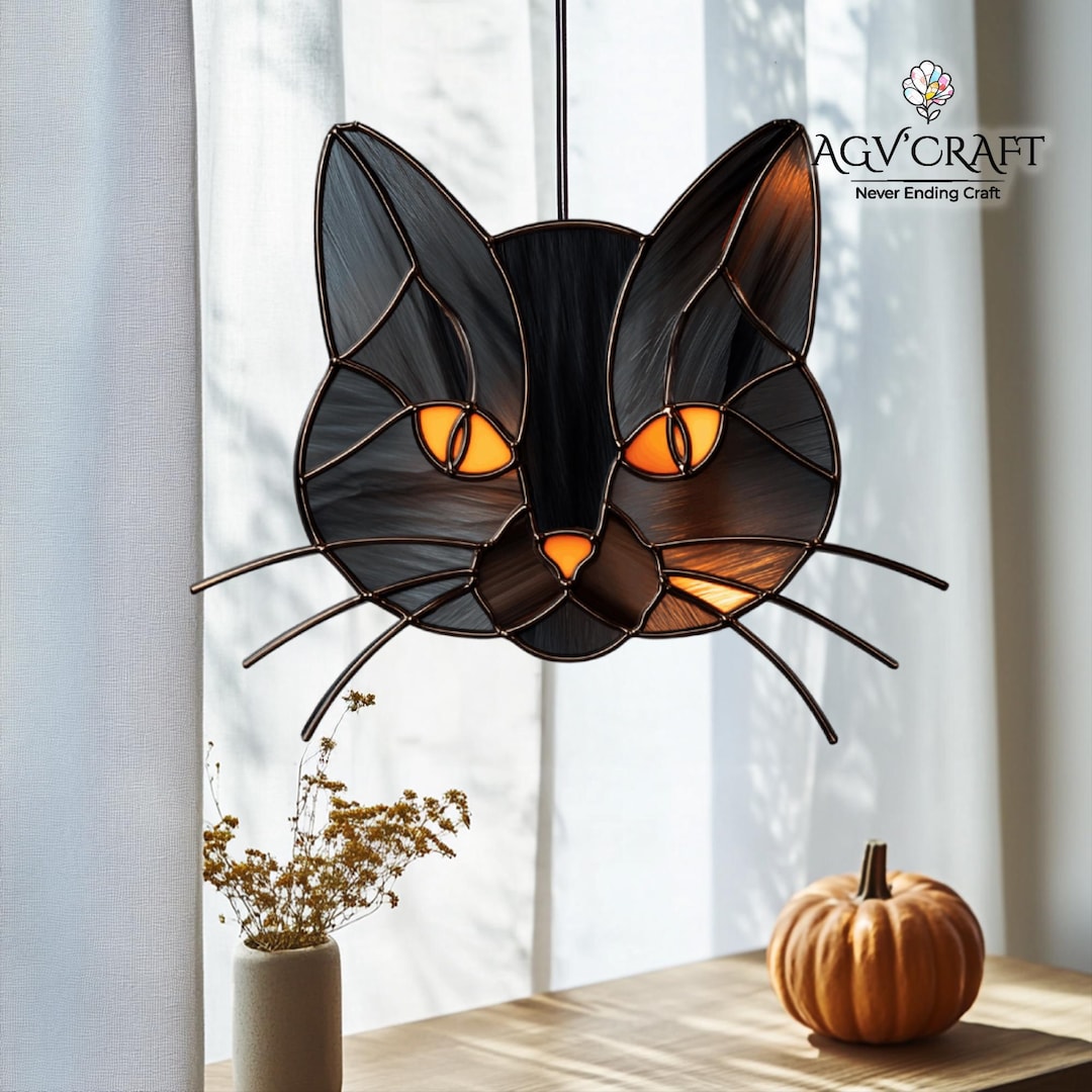 Black Cat Face Stained Glass Pattern, Halloween Black Cat Suncatcher ...