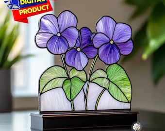 Patrón de vitral con flores violetas, atrapasol DIY (patrón PDF), decoración de jardín en vidrio, vitral DIY, arte de pared