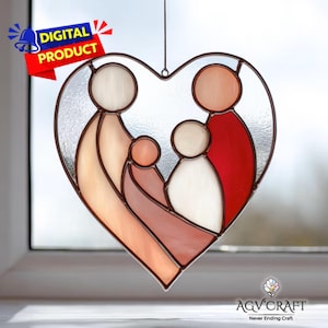 Motif de vitrail d'amour de famille, attrape-soleil coeur, motif de vitrail d'amour, décoration d'intérieur, vitrail à faire soi-même, cadeau d'art mural