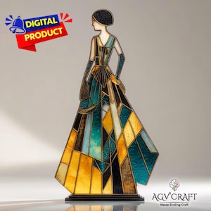 Art Deco Woman Stained Glass Pattern, Elegant Art Deco Suncatcher, Elegant Geometric Stained Glass, Home Decor, DIY Stained Glass, Wall Art