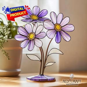 アスターフラワーステンドグラス模様、誕生花ステンドグラス模様、アスターサンキャッチャー、ホームデコレーションガラス、DIYステンドグラス、ウォールアートギフト