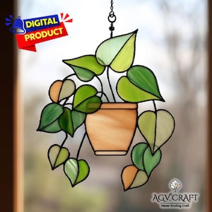 Patrón de vitral de planta Pothos, atrapasol colgante de planta Pothos, vitral para maceta colgante, decoración del hogar, vitral hecho a mano