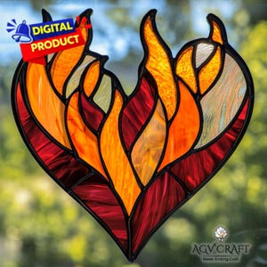 Patrón de vitral con forma de corazón de fuego, atrapasol con forma de corazón, patrón de vitral con forma de amor, decoración de vidrio para el hogar, vitral DIY, regalo de arte mural