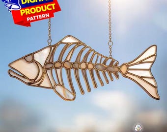 Fischskelett Suncatcher Glasmalerei-Muster (PDF-Muster), Halloween-Dekor, Wandkunst