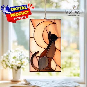 Black Cat and Moon Stained Glass Pattern, Black Cat  Suncatcher, Cat Stained Glass, Home Decor Glass, DIY Stained Glass, Wall Art Gift