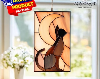Black Cat and Moon Stained Glass Pattern, Black Cat  Suncatcher, Cat Stained Glass, Home Decor Glass, DIY Stained Glass, Wall Art Gift