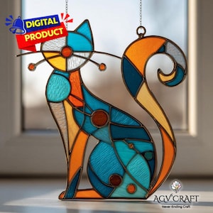 Atomic Cat gebrandschilderd glaspatroon, Atomic Cat Suncatcher, Retro Cat gebrandschilderd glas, woondecoratie, DIY gebrandschilderd glas, kunst aan de muur cadeau