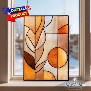 Patrón de vitral bohemio con hojas, atrapasol bohemio, vitral de arte abstracto, decoración del hogar, vitral DIY, regalo de arte mural