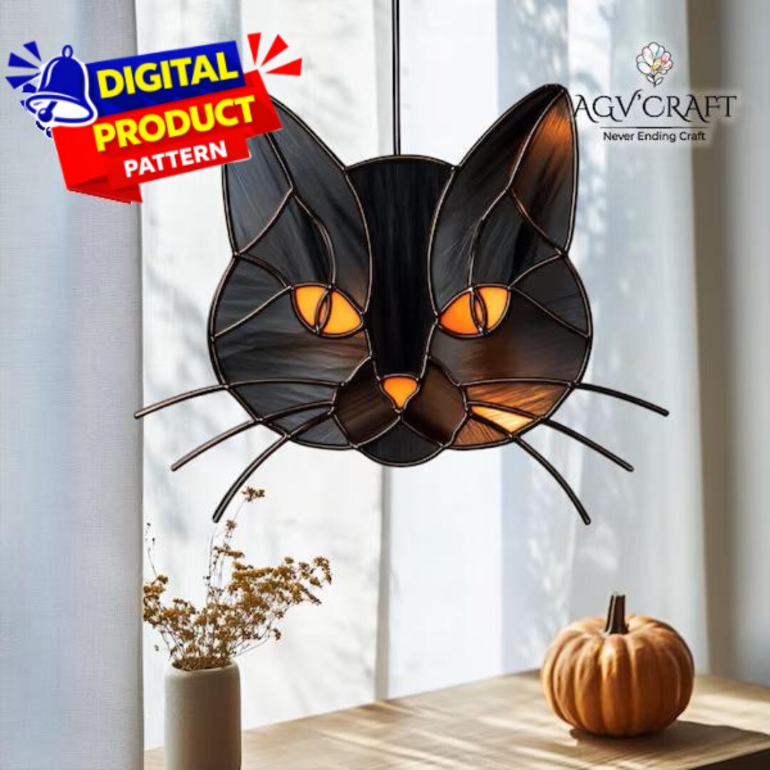Black Cat Face Stained Glass Pattern, Halloween Suncatcher (PDF Pattern ...