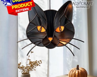 Black Cat Face Stained Glass Pattern, Halloween Suncatcher (PDF Pattern)