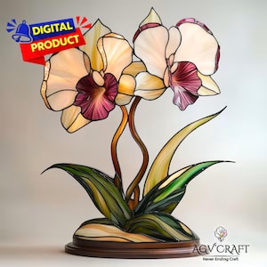 Orchidée en fleurs, motif de vitrail, attrape-soleil orchidée, motif de vitrail orchidée, décoration d'intérieur en verre, vitrail à faire soi-même, cadeau d'art mural