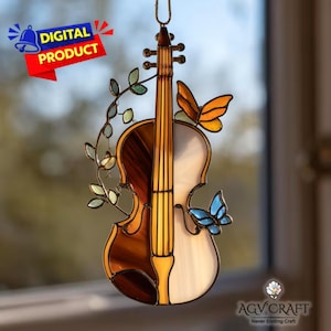 Violin Stained Glass Pattern, Violin Suncatcher, Violin Music Stained Glass Pattern, Home Decor Glass, DIY Stained Glass, Wall Art Gift
