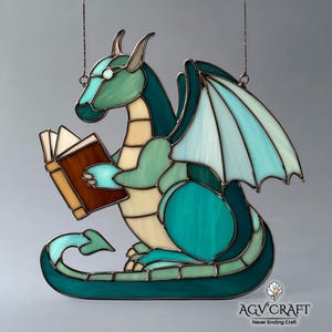 Mr. Dragon Reading Book Stained Glass Pattern, Book Lover Suncatcher, Cute Dragon Stained Glass, Home Decor, Handmade Stained Glass,Wall Art