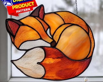 Motif de vitrail renard endormi, attrape-soleil renard mignon, motif de vitrail renard, décoration en verre, vitrail bricolage, cadeau d'art mural