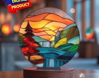 Stained Glass Pine Tree Landscape Pattern, River Suncatcher (Digital Download), Landscape Stained Glass, DIY Stained Glass, Wall Art