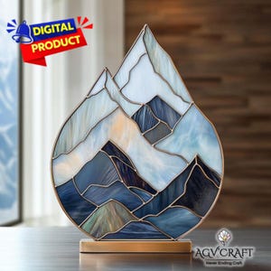 Motif de vitrail goutte de montagne, attrape-soleil montagne en forme de larme, vitrail montagne enneigé, décoration d'intérieur, vitrail fait main PDF