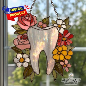 Floral Tooth Suncatcher Stained Glass Pattern (PDF Pattern), Tooth Stained Glass, Home Decor, Wall Art Gift