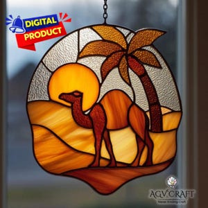 Gebrandschilderd glaspatroon kameel en woestijn, kameel zonnevanger, woondecoratie, doe-het-zelf-gebrandschilderd glas, kunst aan de muur cadeau