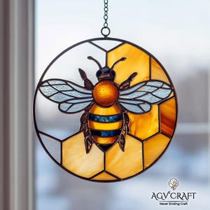 Motif de vitrail abeille, attrape-soleil abeille nid d&#39;abeille, vitrail nid d&#39;abeille, décoration en verre, vitrail DIY, cadeau d&#39;art mural