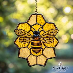 Vitrail abeille en nid d&#39;abeille, vitrail nid d&#39;abeille, nid d&#39;abeille attrape-soleil, décoration intérieure en verre, vitrail DIY, piquet