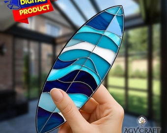 Surfboard Stained Glass Pattern, Surfboard Stained Glass Pattern, Tropical Suncatcher, Home Decor Glass, DIY Stained Glass, Wall Art Gift