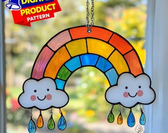 Rainbow And Cloud Stained Glass Pattern, Rainbow Suncatcher Template, Home Decor, DIY Stained Glass, Wall Art Gift