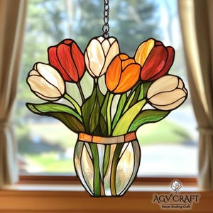 Tulip Stained Glass Pattern, Tulip In A Vase Stained Glass Pattern, Suncatcher Tulips, Home Decor Glass, DIY Stained Glass, Wall Art Gift