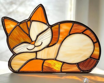 Sleeping Cat Stained Glass Pattern, Cat Suncatcher, Pet Stained Glass Pattern, Home Decor Glass, DIY Stained Glass, Wall Art Gift