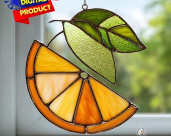 Gebrandschilderd glaspatroon sinaasappelschijfje, sinaasappelschijfje suncatcher, oranje gebrandschilderd glas, glas in lood huisdecoratie, doe-het-zelf gebrandschilderd glas, kunst aan de muur cadeau