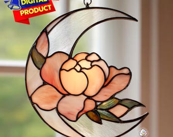 Gebrandschilderd glaspatroon pioenroos, wassende maan pioen zonnevanger, pioenroos gebrandschilderd glas, interieur glas, DIY glas in lood, kunst aan de muur cadeau